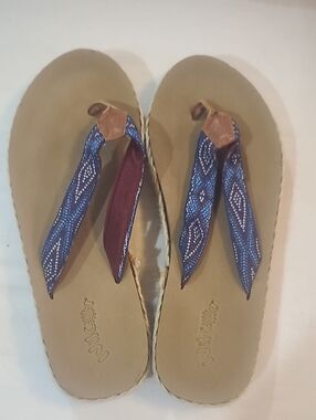 Blue Patterned Fabric Strap Women's Sandals with Tan Footbed